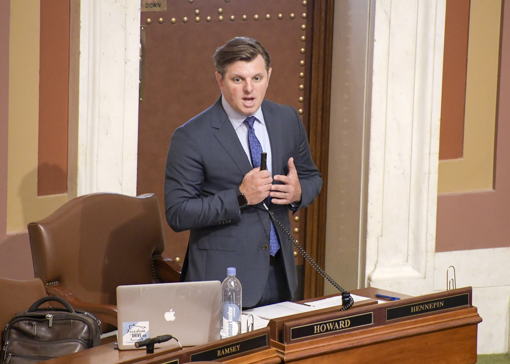 Rep. Michael Howard presents the omnibus housing finance and policy bill Thursday on the House Floor. Photo by Andrew VonBank